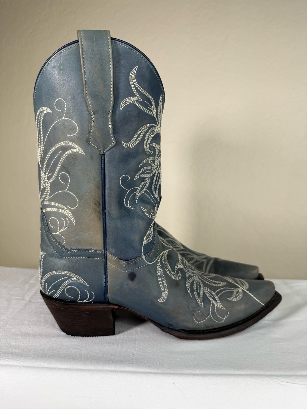 Dan Post Nora Blue Leaf Stitch Leather Western Cowboy Distressed Boots Size 8 - Picture 6 of 16